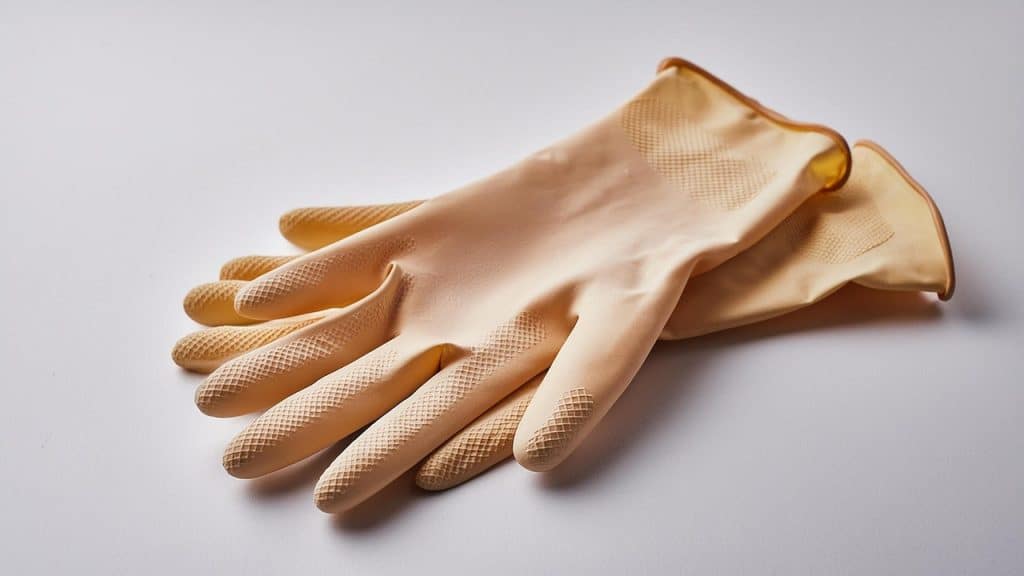 new rubber gloves next to a clean organized kitchen sink