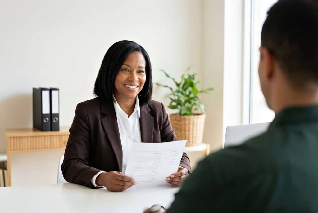 HR manager checking employee parental leave records at office