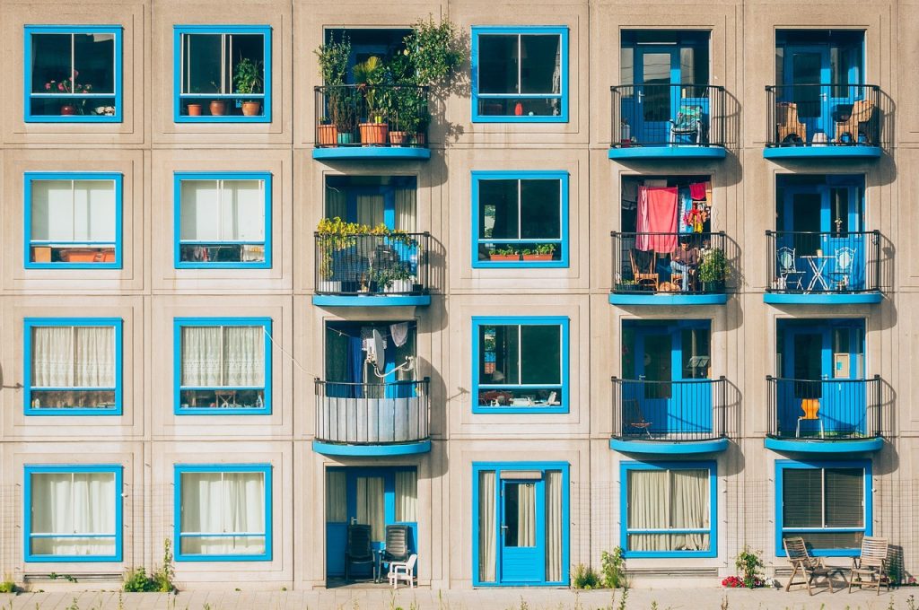 Korean apartment complex exterior in Seoul with blue sky